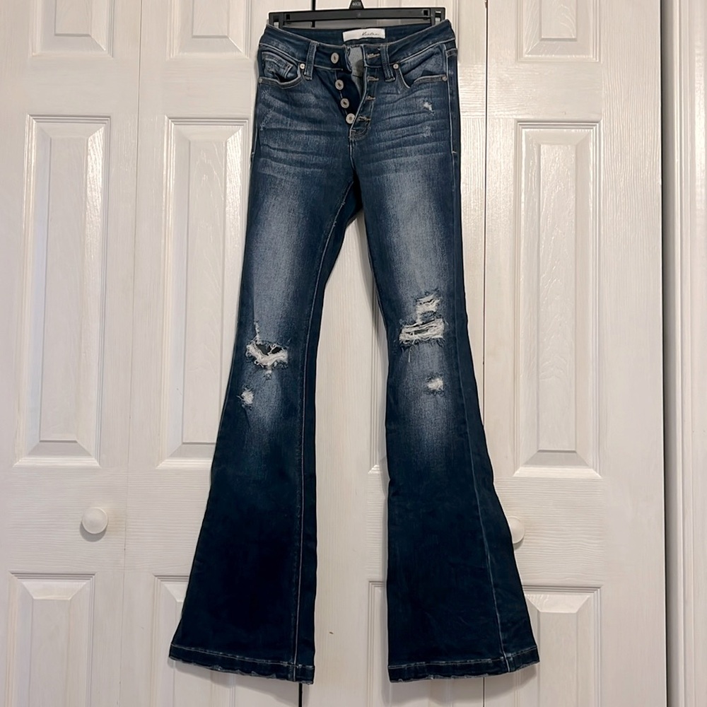 Dark Wash Distressed Flare Jeans - Women